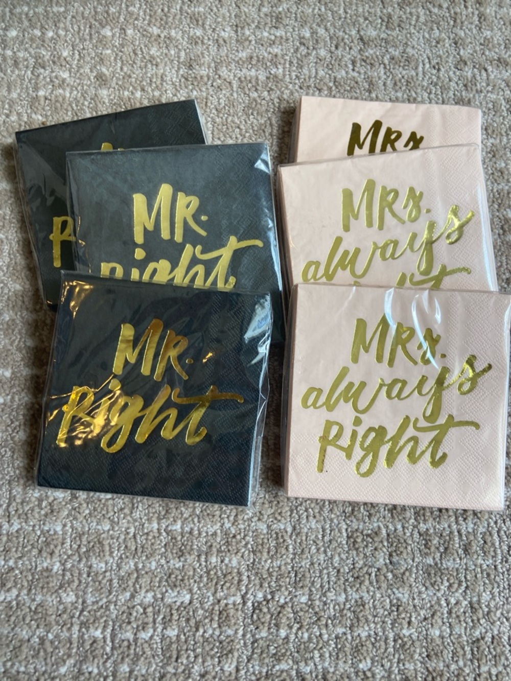 Bundle of 6 Mr. Right & Mrs. Always Right Gold Foil Party Napkins Engagement